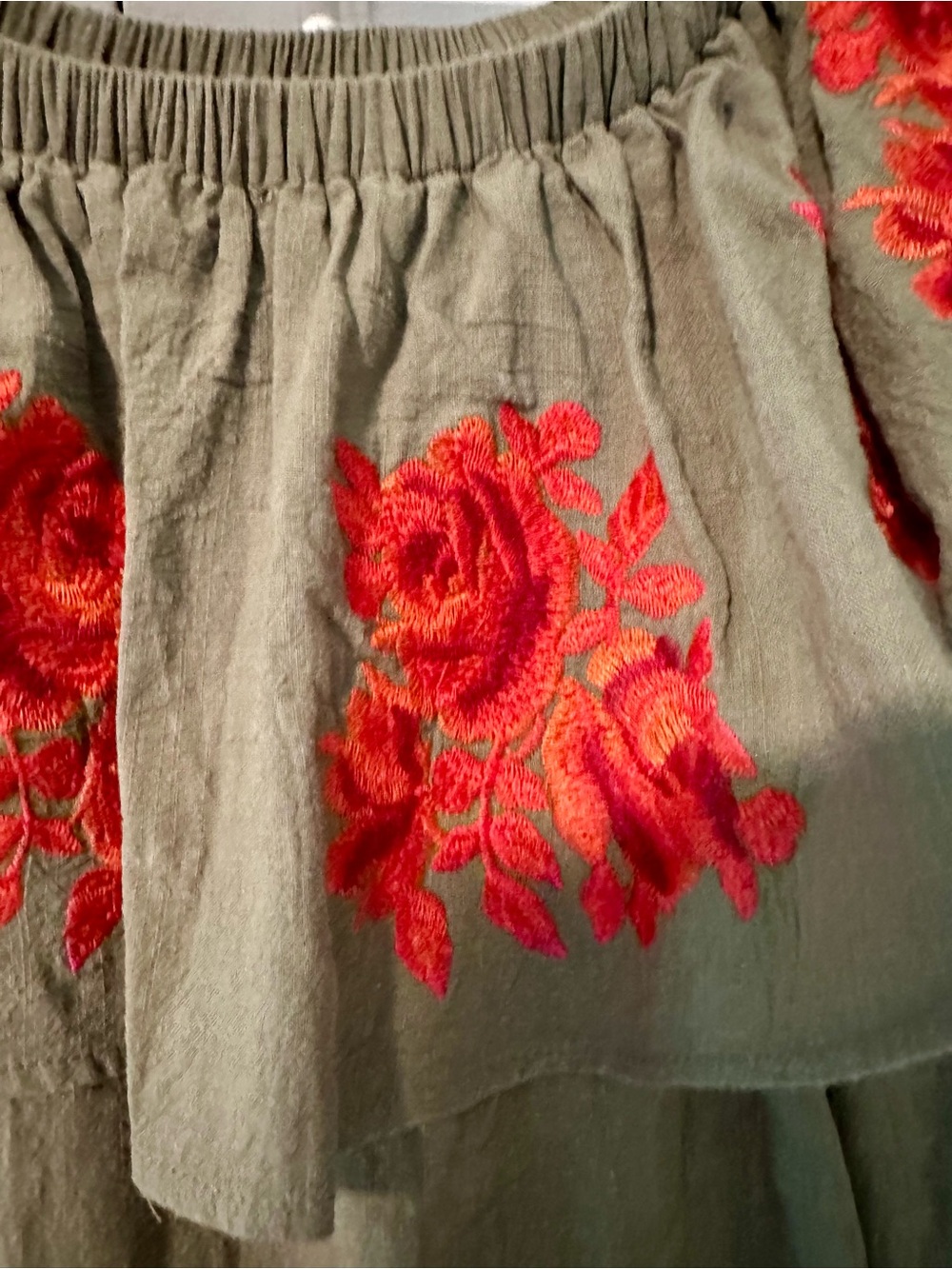 NWOT Umgee Olive Green Off-Shoulder Dress with Red Floral Embroidery M